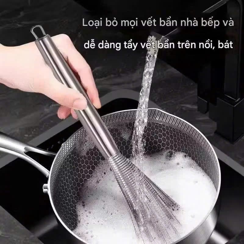 Chổi Cọ Nồi Cọ Chảo Inox 304/ Bàn Chải Chà Nồi Đánh Bóng Có Cán Cầm Không Rỉ Sét Đánh Vết Bẩn Tiện Lợi