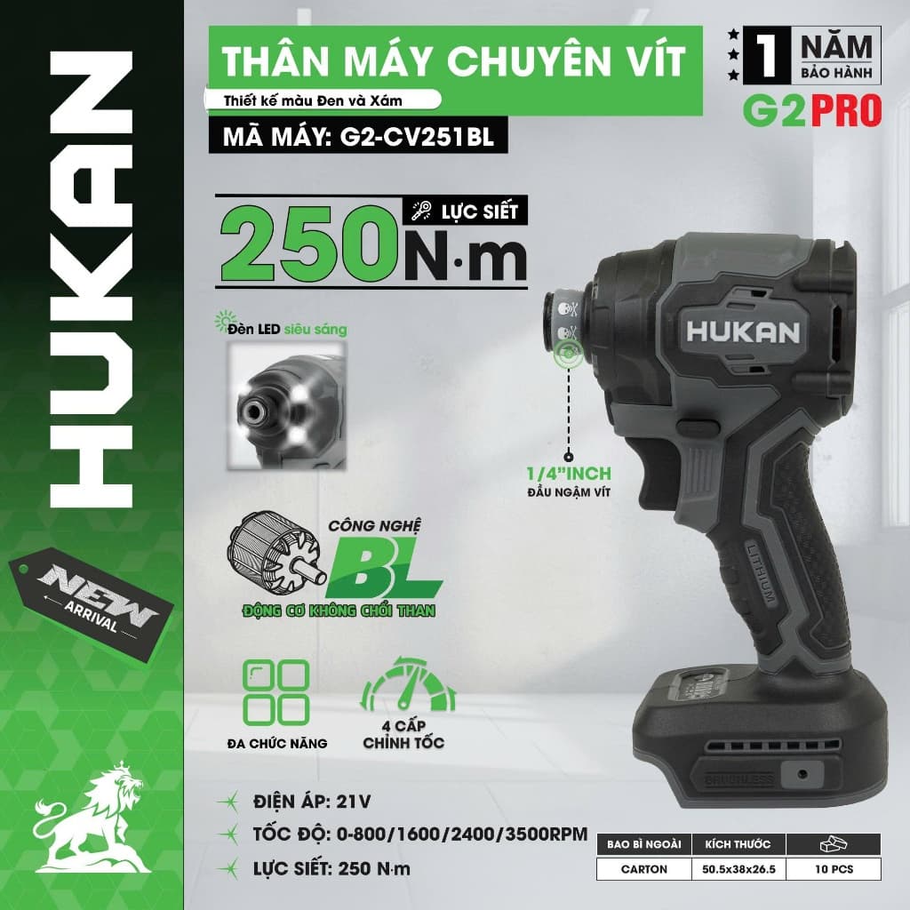 Máy chuyên vít búa HUKAN G2-CV251BL, Lực siết 250Nm, 4 tốc độ, 4 tính năng - Sử dụng Chân pin phổ thông