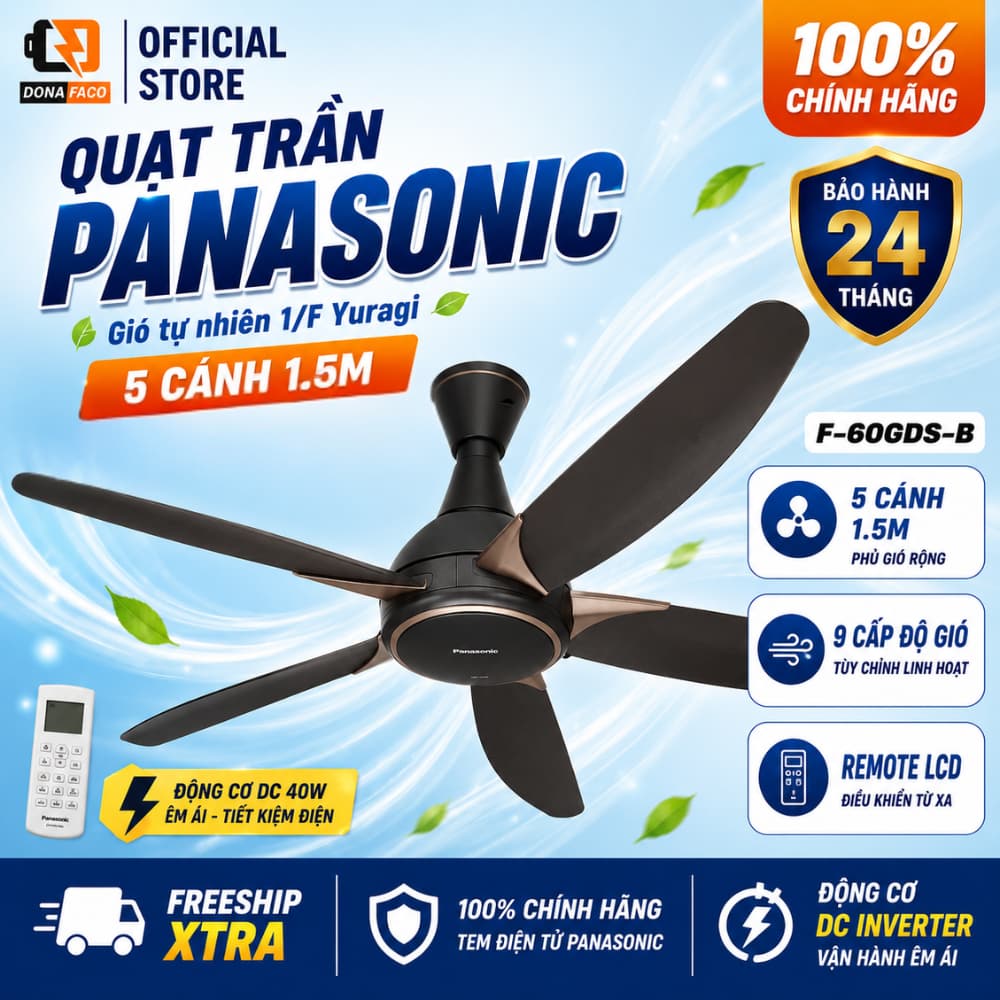 | Hỏa tốc | Quạt Trần Panasonic 5 Cánh F-60GDS-WS Điều Khiển Từ Xa, 9 Cấp Độ Gió, Hẹn Giờ 24H Chính Hãng