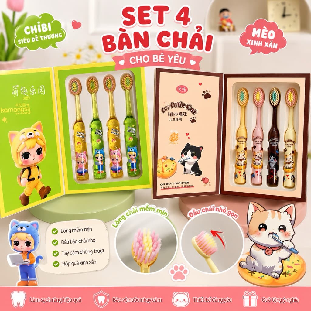 Set 4 Bàn Chải Đánh Răng Cho Bé Lông Mềm Mịn Đầu Nhỏ Chibi Cute Dễ Thương Làm Quà Tặng Sinh Nhật Cho Bé