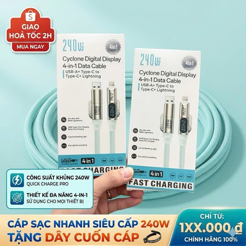 [Có Đèn Báo Công Suất] Dây Sạc Đa Năng 4in1 240W Bản Cao Cấp, Bọc Silicon Dẻo Không Đứt Gẫy,Có Đèn Báo Công Suất Đầu Vào
