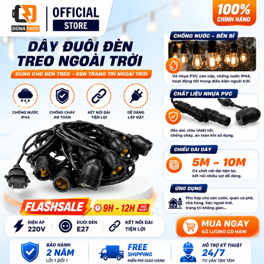 Dây đuôi đèn LED ngoài trời chống nước 10m 15 đuôi 10m 20 đuôi kèm bóng kín nước 3W trang trí tùy chọn