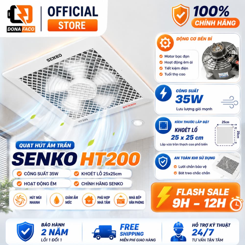 Quạt hút âm trần Senko HT200 thông gió, hút mùi hiệu quả lỗ khoét 25x25 bảo hành 24 tháng chính hãng