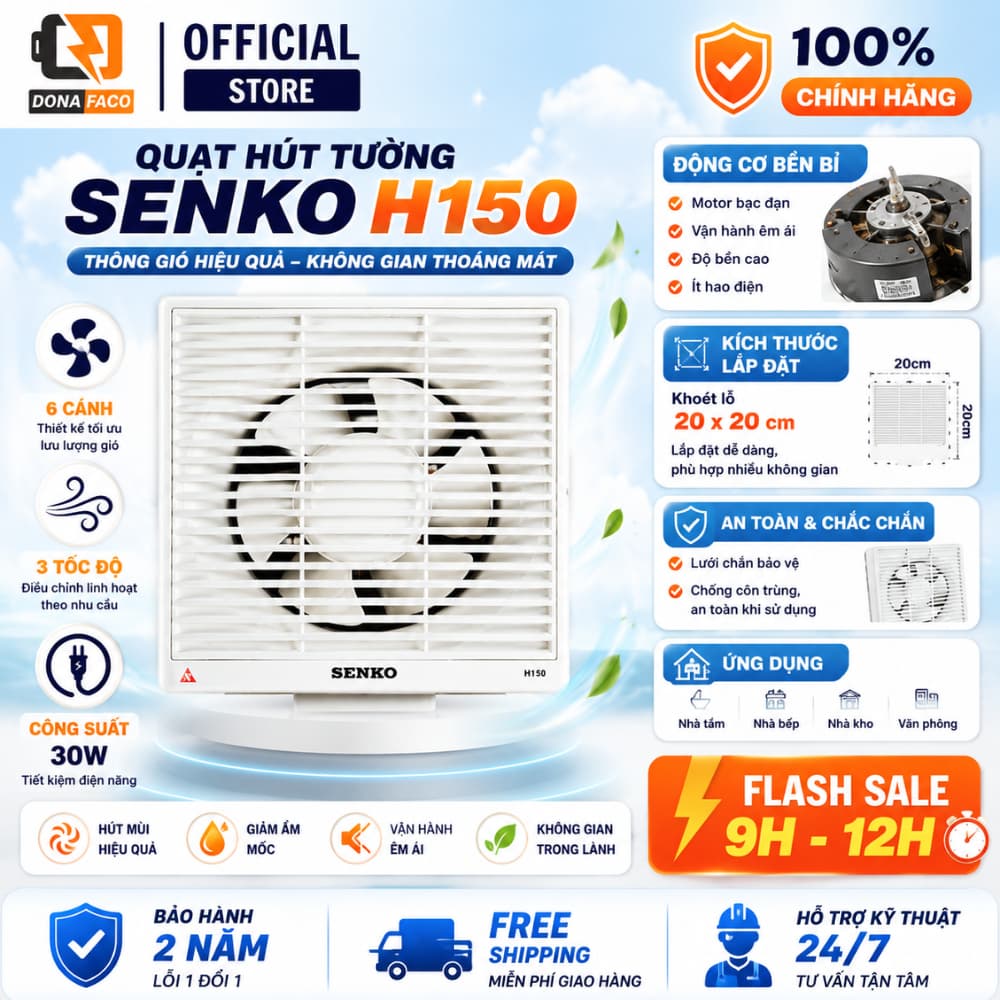 Quạt hút tường Senko H150 khoét lỗ 20x20cm công xuất 30W chính hãng bảo hành 2 năm
