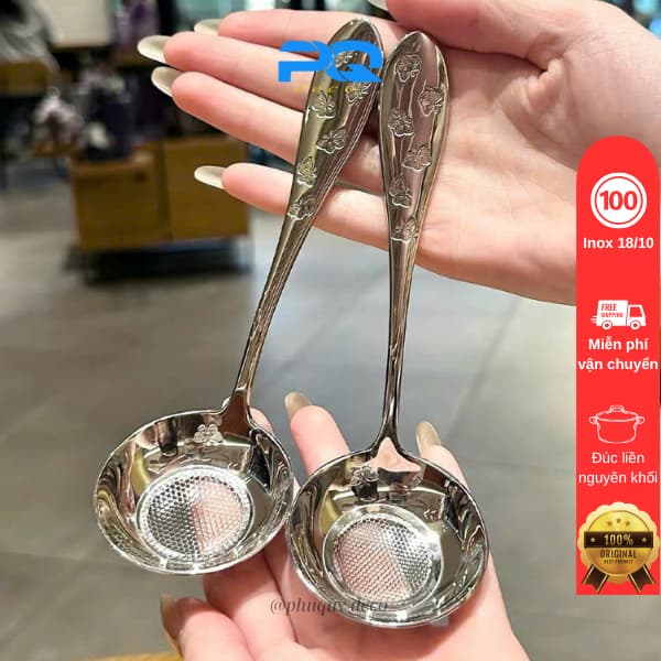 Thìa lọc hạt chanh đầu tròn cán khắc Oyatton inox 18/10 vớt váng bọt đúc liền nguyên khối