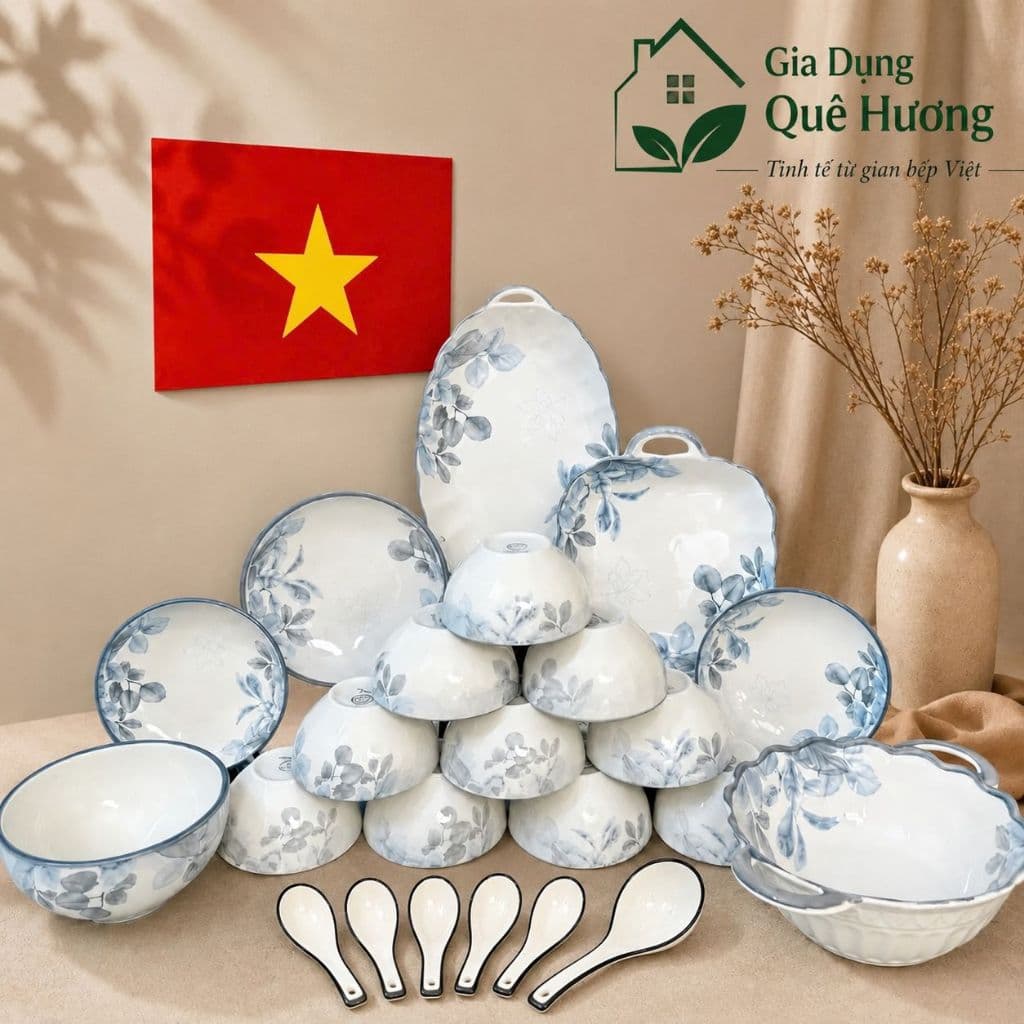 Bộ Tô Bát Chén Đĩa Sứ Họa Tiết Diệp Hồng Set Bát Đĩa Sứ Bát Tràng Bộ Bát Đĩa Cao Cấp M151