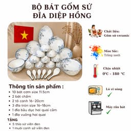 Bộ Tô Bát Chén Đĩa Sứ Họa Tiết Diệp Hồng Set Bát Đĩa Sứ Bát Tràng Bộ Bát Đĩa Cao Cấp M151 2