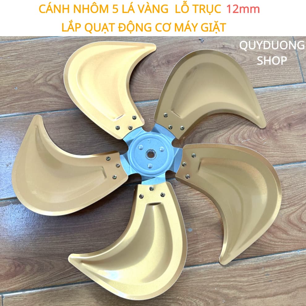Cánh nhôm 5 lá vàng ,lỗ trục 12mm lắp cho quạt công nghiệp chế đường kính lồng 55cm