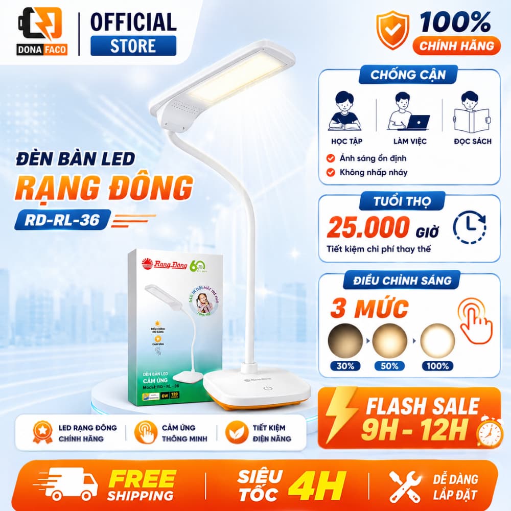 Đèn bàn học Rạng Đông RD-RL-36 chống cận, công suất 6w, đổi 4 chế độ màu, điều chỉnh 3 mức sáng