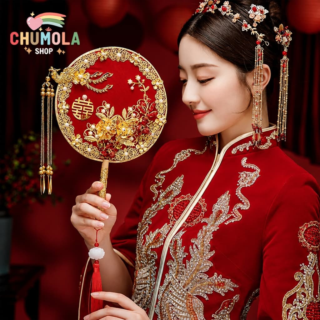 Quạt tròn cô dâu phụ kiện cầm tay chụp ảnh cổ trang đám cưới sang trọng