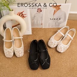 EROSSKA - Giày nữ ballet core lưới quai ngang phối nơ màu trắng kiểu dáng basic màu kem  - EL085 6