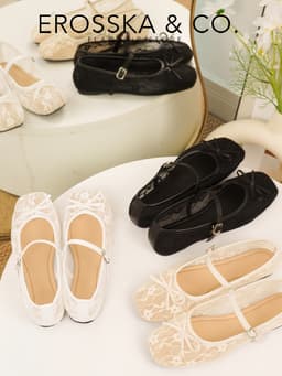 EROSSKA - Giày nữ ballet core lưới quai ngang phối nơ màu trắng kiểu dáng basic màu kem  - EL085 16