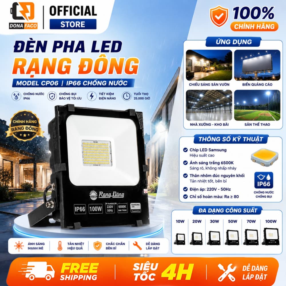 [RẠNG ĐÔNG] Đèn Pha LED Rạng Đông 10W 20W 30W 50W 70W 100W Model CP06 lắp ngoài trời IP66 chống nước