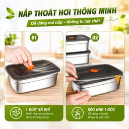Bộ Combo 5 Hộp Inox  1500ML Loại 1 Nắp Hút Chân Không, Khay Đựng Thực Phẩm Ngăn Mùi Tủ Lạnh 3