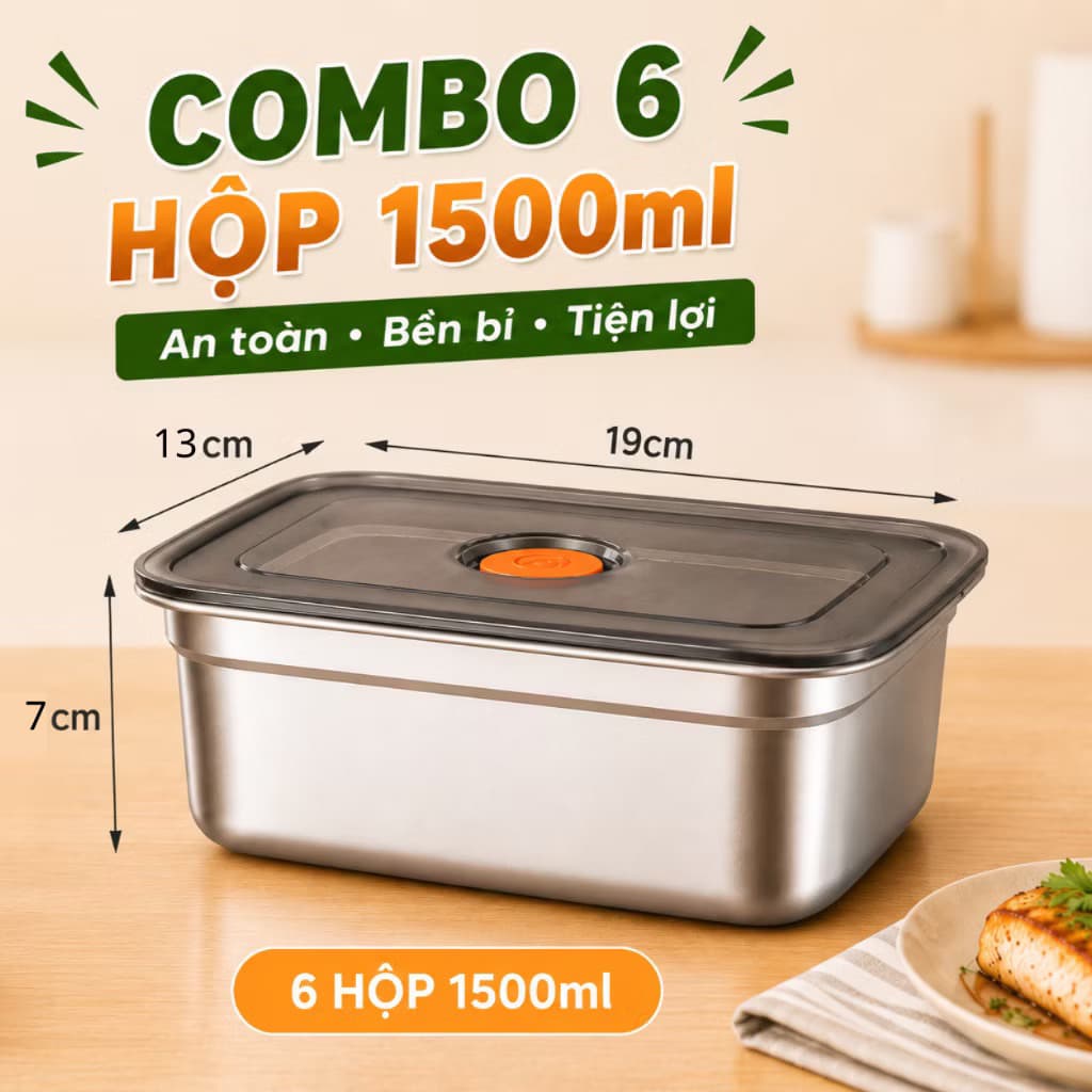 Bộ Combo 5 Hộp Inox  1500ML Loại 1 Nắp Hút Chân Không, Khay Đựng Thực Phẩm Ngăn Mùi Tủ Lạnh