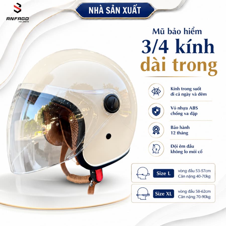 Mũ bảo hiểm 3/4 kính dài cho nam nữ, chống gió, che nắng mưa, nhiều màu sắc đa dạng.