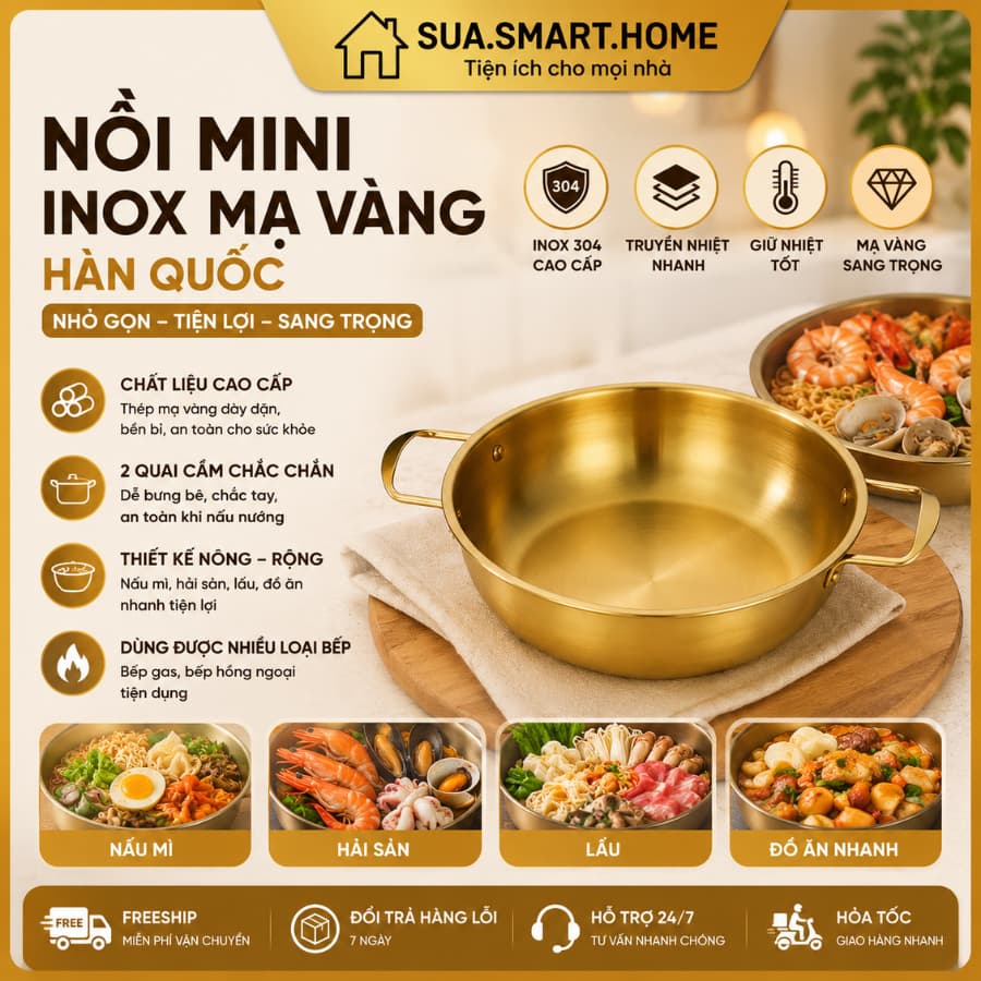 Nồi Nấu Lẩu Mạ Vàng, Nấu Mì Cay, Soup - Chảo Nấu Ăn MINI Bằng Thép Không Gỉ Phong Cách Hàn Quốc