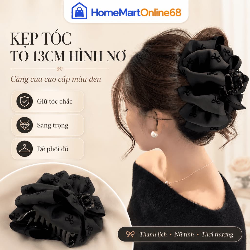 Kẹp tóc càng cua nơ đen bản lớn 13cm cao cấp, thiết kế họa tiết bong bóng nổi bật giúp giữ tóc cực chắc chắn(giadungtranlinh)