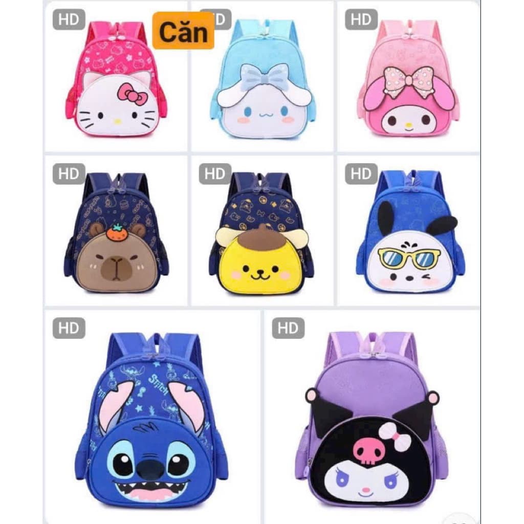 Balo Cho Bé Mầm Non Mẫu Giáo Hoạt Hình Cute Hello Kitty Kuromi Stitch Capybara Nhẹ Siêu Xinh