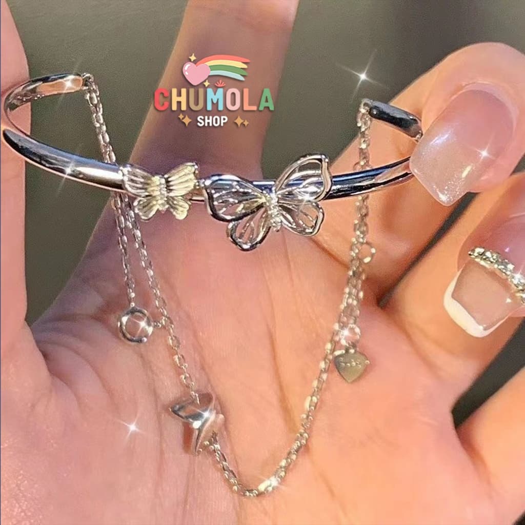 Lắc Tay Nữ Titan Cute Hình Bướm Trái Tim Chữ Phúc - Vòng Tay Cặp Đôi Kiềng Cứng Thả Charm Phụ Kiện Thời Trang Cao Cấp