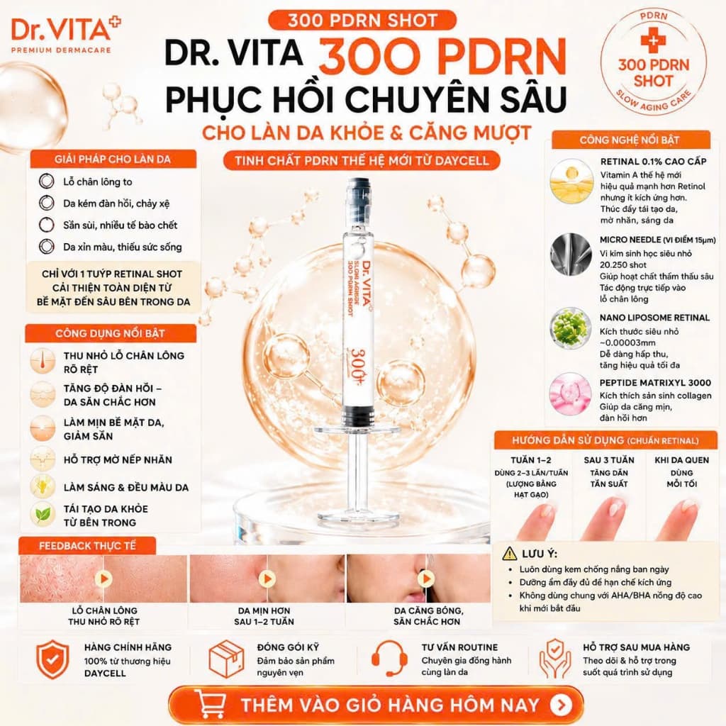 Siêu Tinh Chất Vi Kim DR.VITA Slow Aging 300 PDRN Shot DayCell 5ml – Tái Tạo Da Phục Hồi Căng Bóng