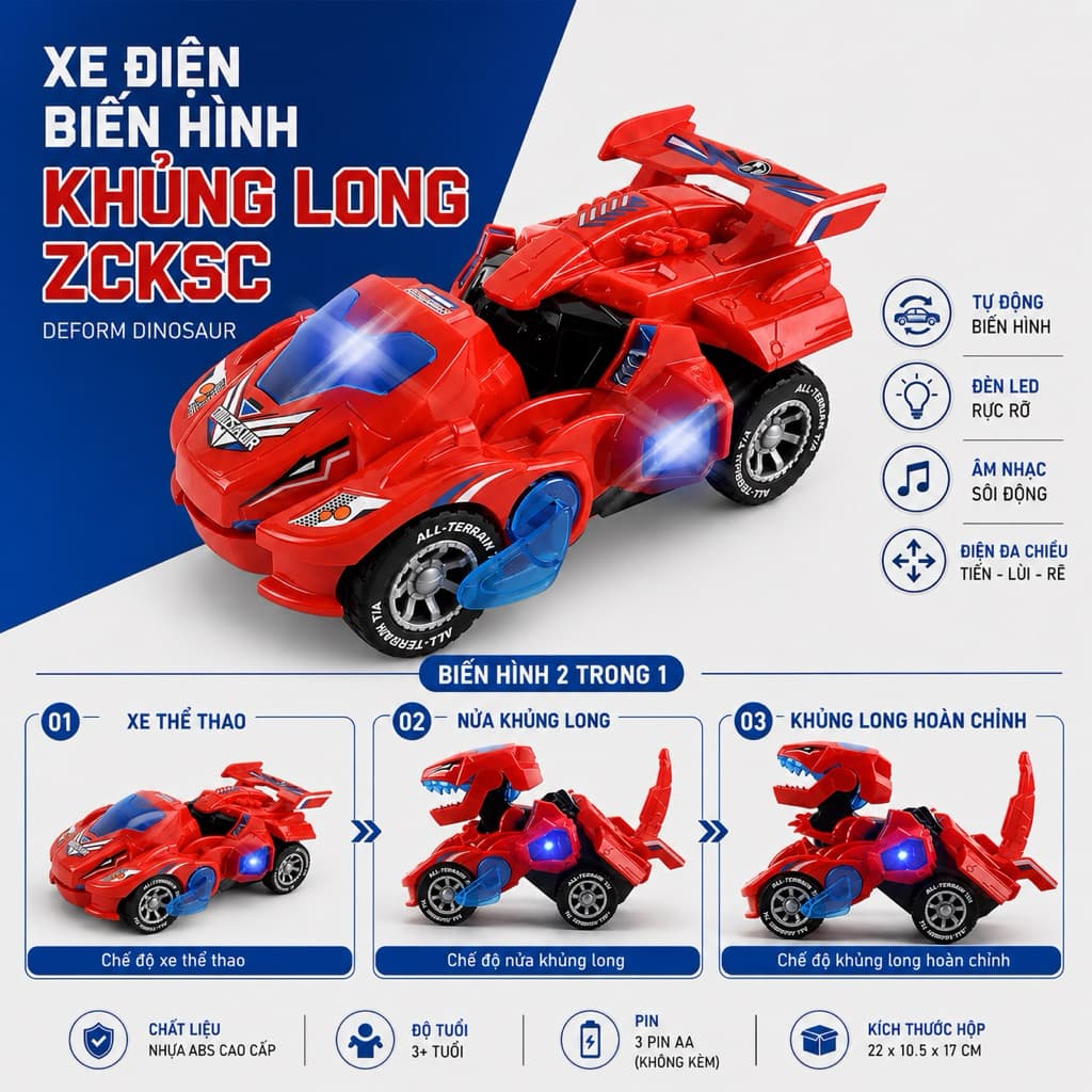 Xe Biến Hình Robot Tự Động Chạy pin có đèn Nhạc ( Pin đi kèm )