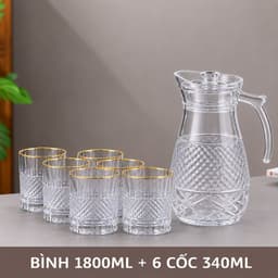 [ GiaDungQueHuong ] Bộ Bình Nước Kèm 6 Cốc Thuỷ Tinh Để Bàn Phòng Khách Decor Cao Cấp Chịu Nhiệt Độ Cao Dung Tích 1800ml 2