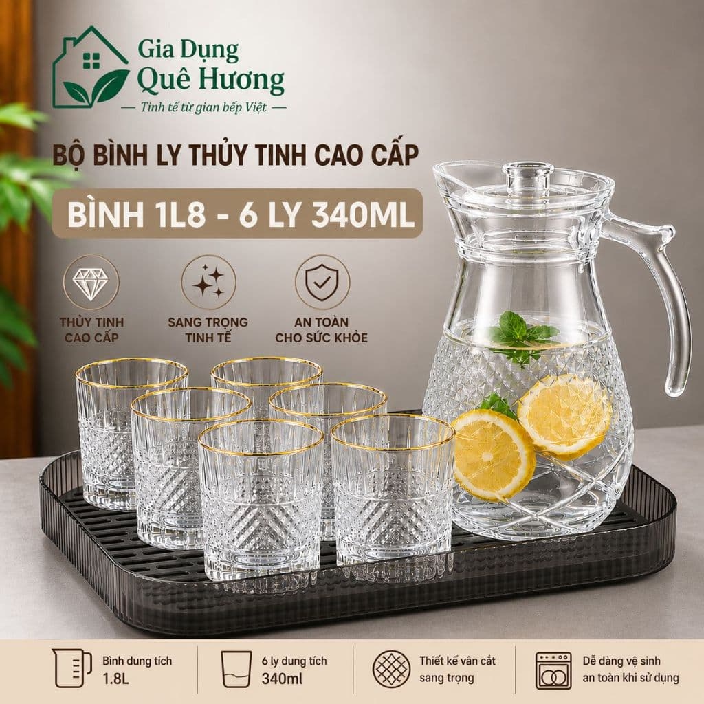 [ GiaDungQueHuong ] Bộ Bình Nước Kèm 6 Cốc Thuỷ Tinh Để Bàn Phòng Khách Decor Cao Cấp Chịu Nhiệt Độ Cao Dung Tích 1800ml