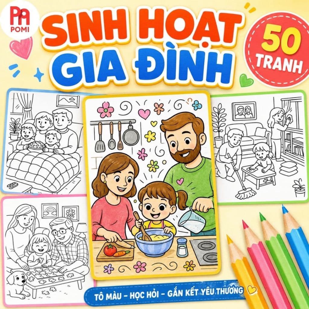 Trang tô màu sinh hoạt gia đình nhiều mẫu, mẫu ngẫu nhiên - Tranh tô màu dành cho trẻ em mẫu giáo - Đồ chơi POMI