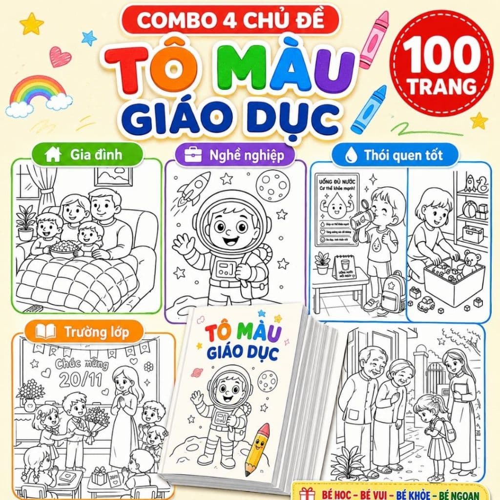 Combo 100 Tranh Tô Màu Cho Bé gôm Gia Đình, Trường Học - Nghề Nghiệp - Thói Quen Tốt - POMI