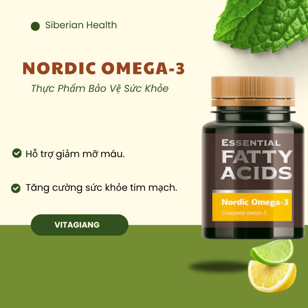 Thực phẩm Siberian Wellness Nordic Omega-3, thực phẩm bổ sung omega-3 cho sức khỏe, chai 60 viên."