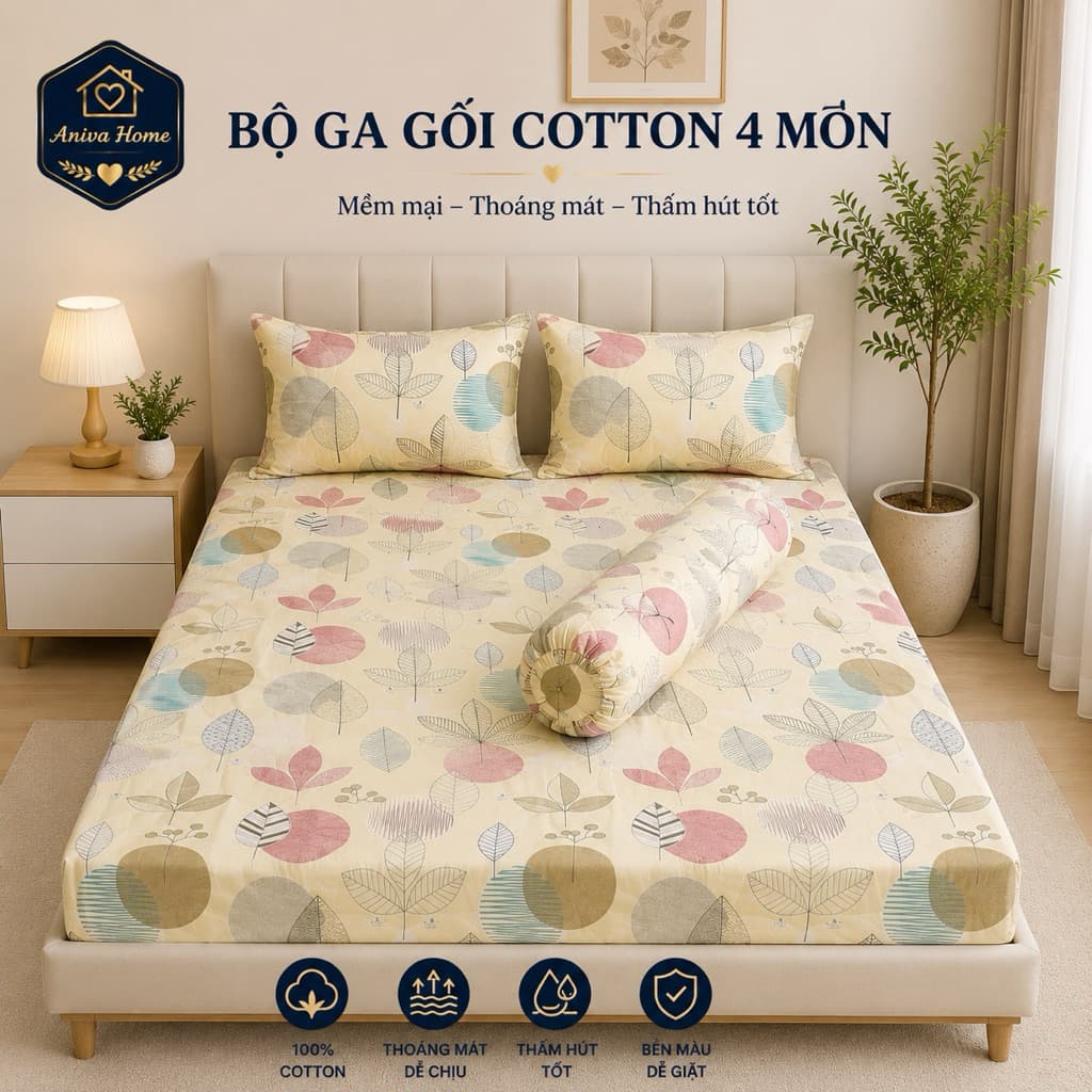 Bộ Ga Gối Cotton Thắng Lợi Aniva Home 4 Món Size 1m - 1m8 Ga Bọc Nệm Mềm Mại, Thoáng Mát, Thấm Hút Tốt