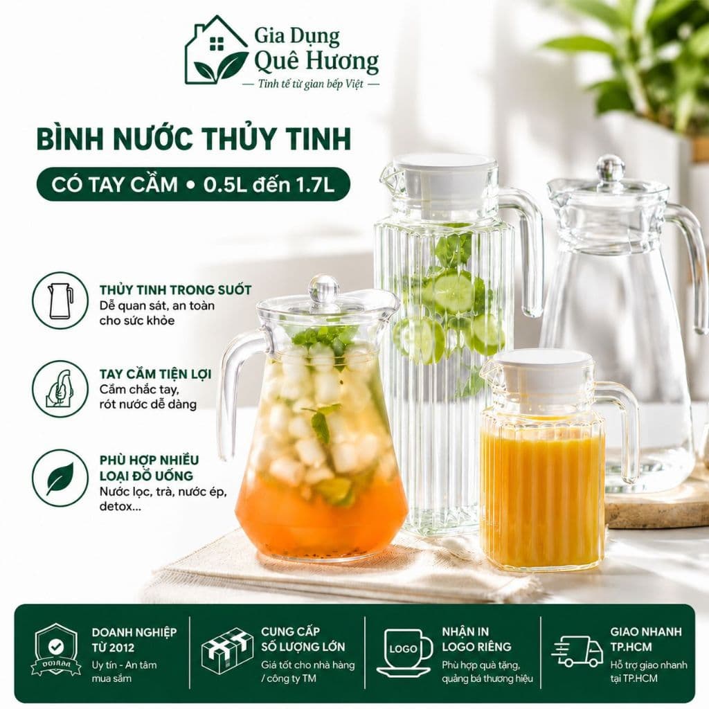 [ GiaDungQueHuong ] Bình Nước Thủy Tinh Chính Hãng Có Tay Cầm, Nhiều Dung Tích 0.5L Đến 1.8L