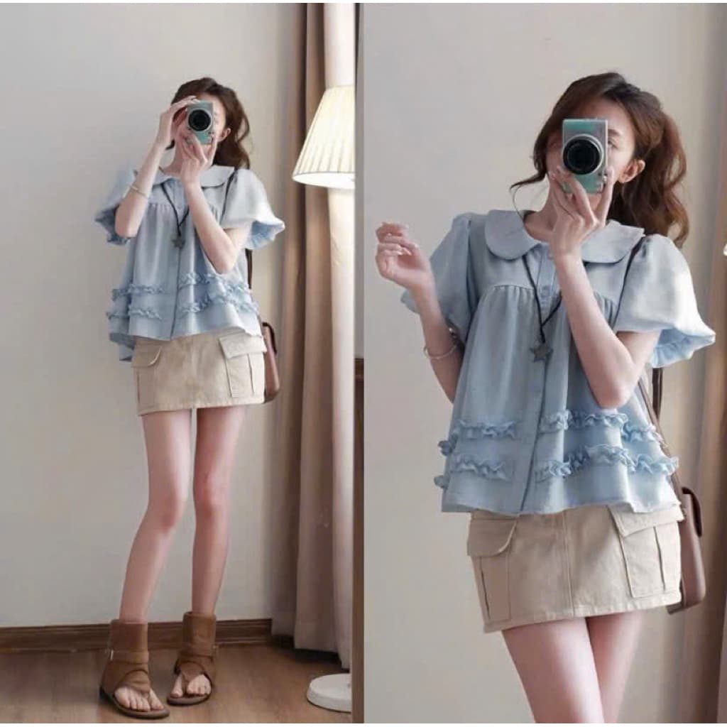 Ado babydoll cổ sen tay bồng phối bèo bigsize 45-90kg (1554) chất liệu lụa hàn mịn mát xinh xắn