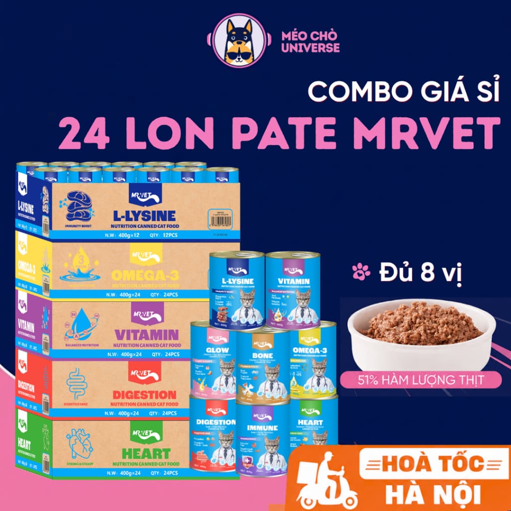 Pate lon cho mèo MR.VET 400G đủ 8 vị hỗ trợ Tiêu Hóa, Sáng Mắt, Mượt Lông - MÉO CHÒ UNI