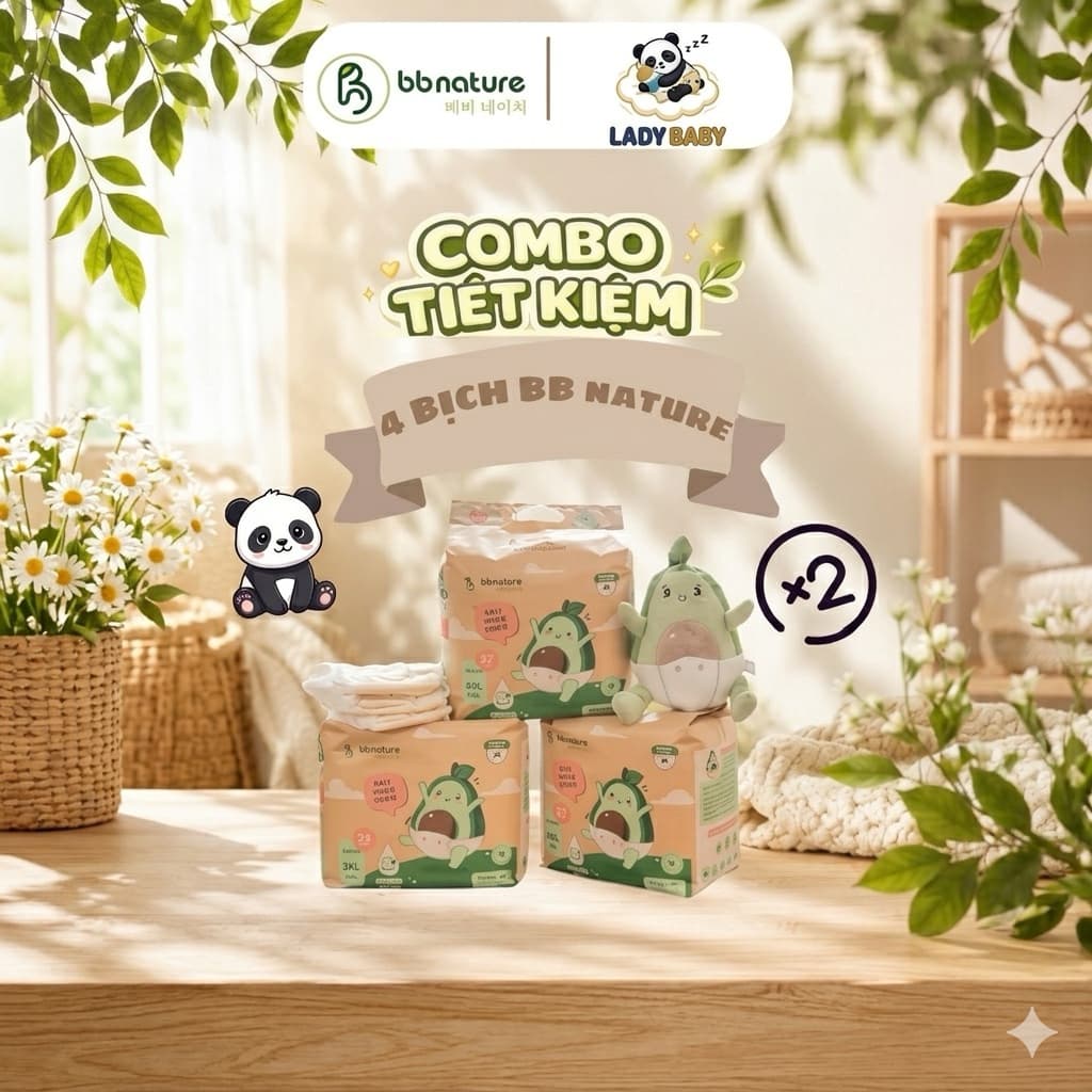 COMBO mua 4 bịch Bỉm dán/quần BB NATURE chính hãng cho bé đủ size thoáng mát,thấm hút tốt