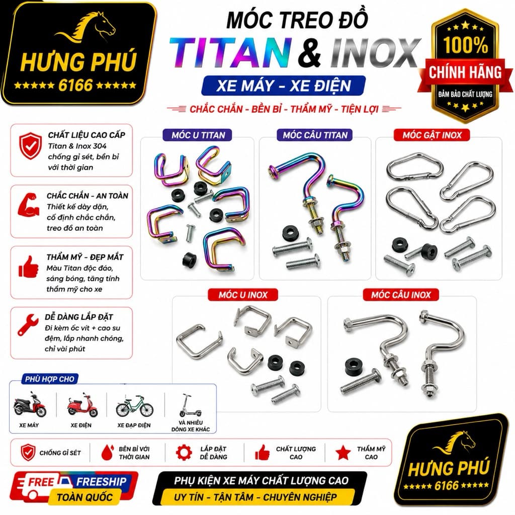 Móc cheo đồ xe máy .titan.inox móc u.móc câu.móc gạt