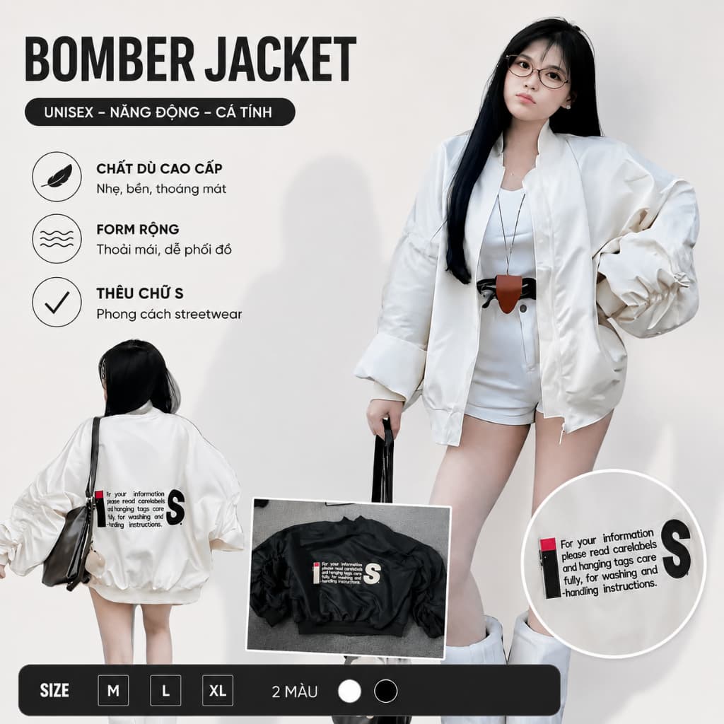 Áo Khoác Gió Bomber Tay Nhún Nam Nữ Thêu Chữ - Áo Khoác Dù Bomber Jacket Tay Nhín Thêu Chữ Lưng