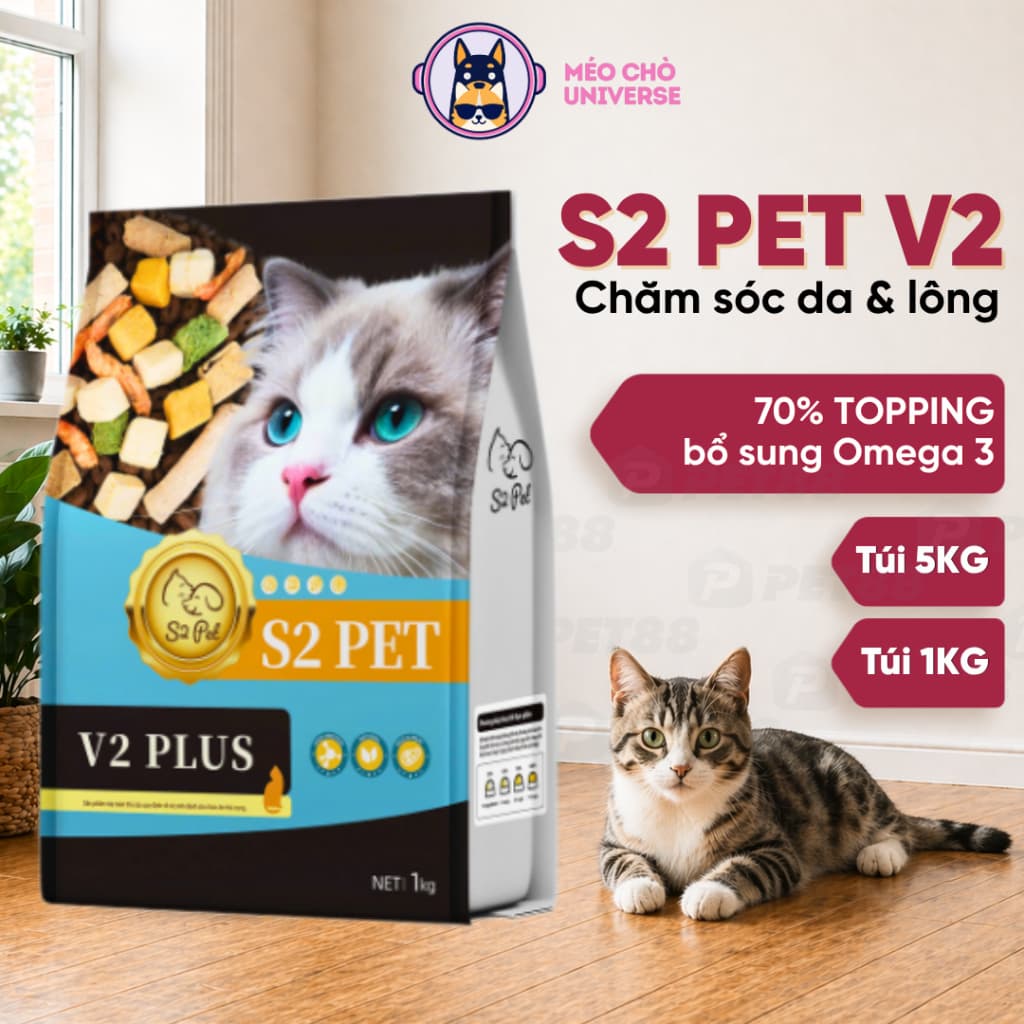 Hạt cho mèo S2PET V2, đạm cao 32%, 70% topping,  hỗ trợ tiêu búi lông - MÉO CHÒ UNI