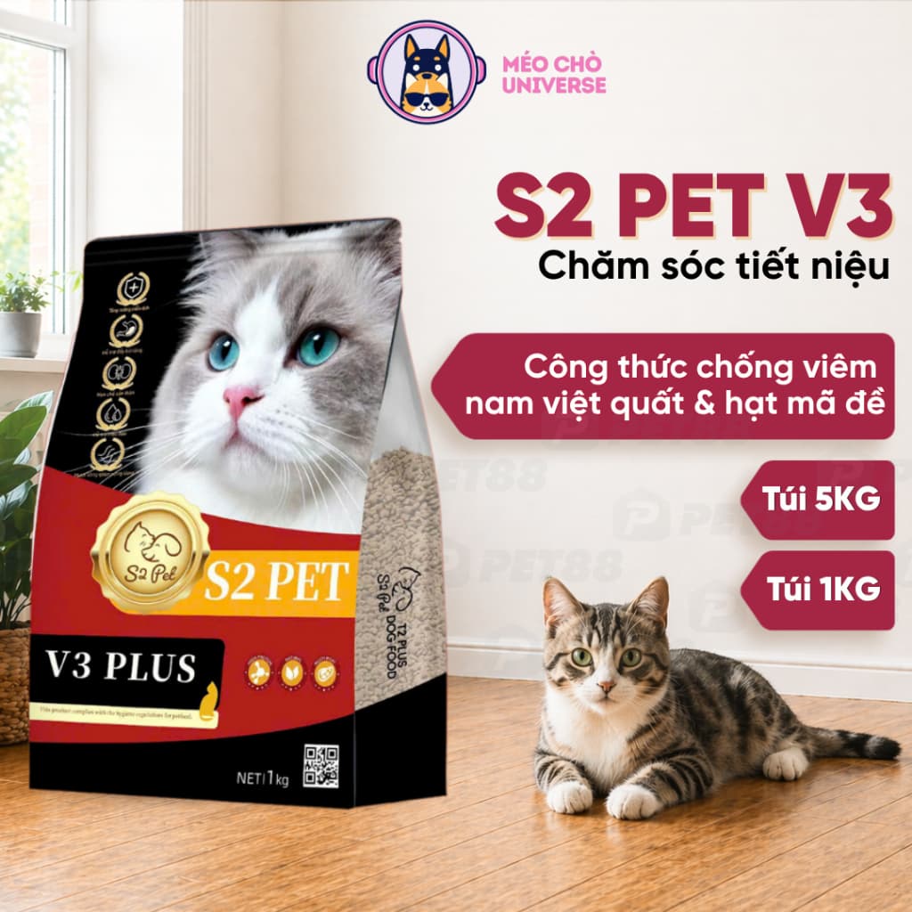 Hạt cho mèo S2PET V3 Urinary gói 5KG siêu topping, chăm sóc tiết niệu, đẩy búi lông - MÉO CHÒ UNI