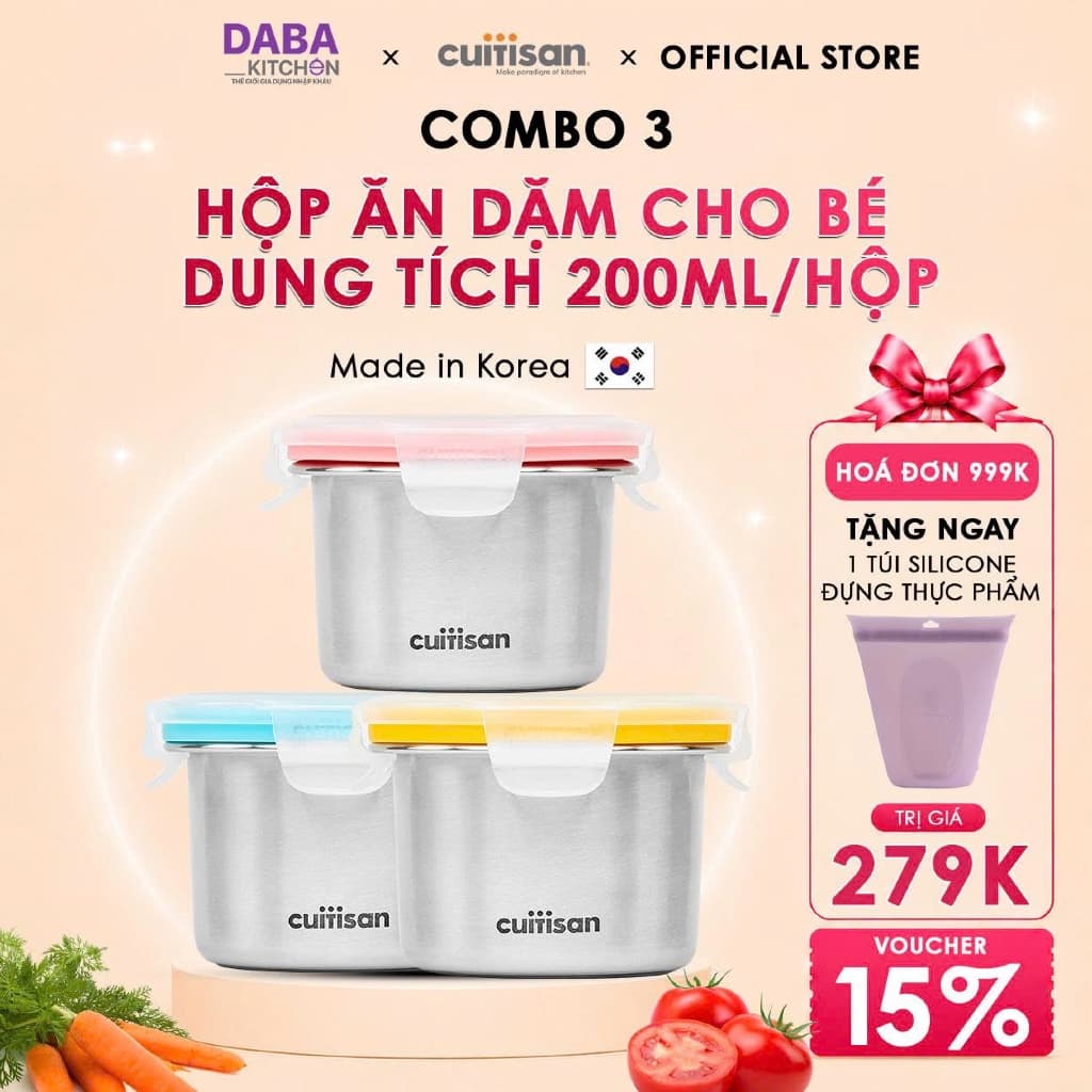 Combo 3 Hộp Inox 316 Tròn Chia Nhỏ Thức Ăn Dặm Cuitisan DÙNG TRONG LÒ VI SÓNG, MADE IN KOREA, Chính Hãng An Toàn Sức Kỏe