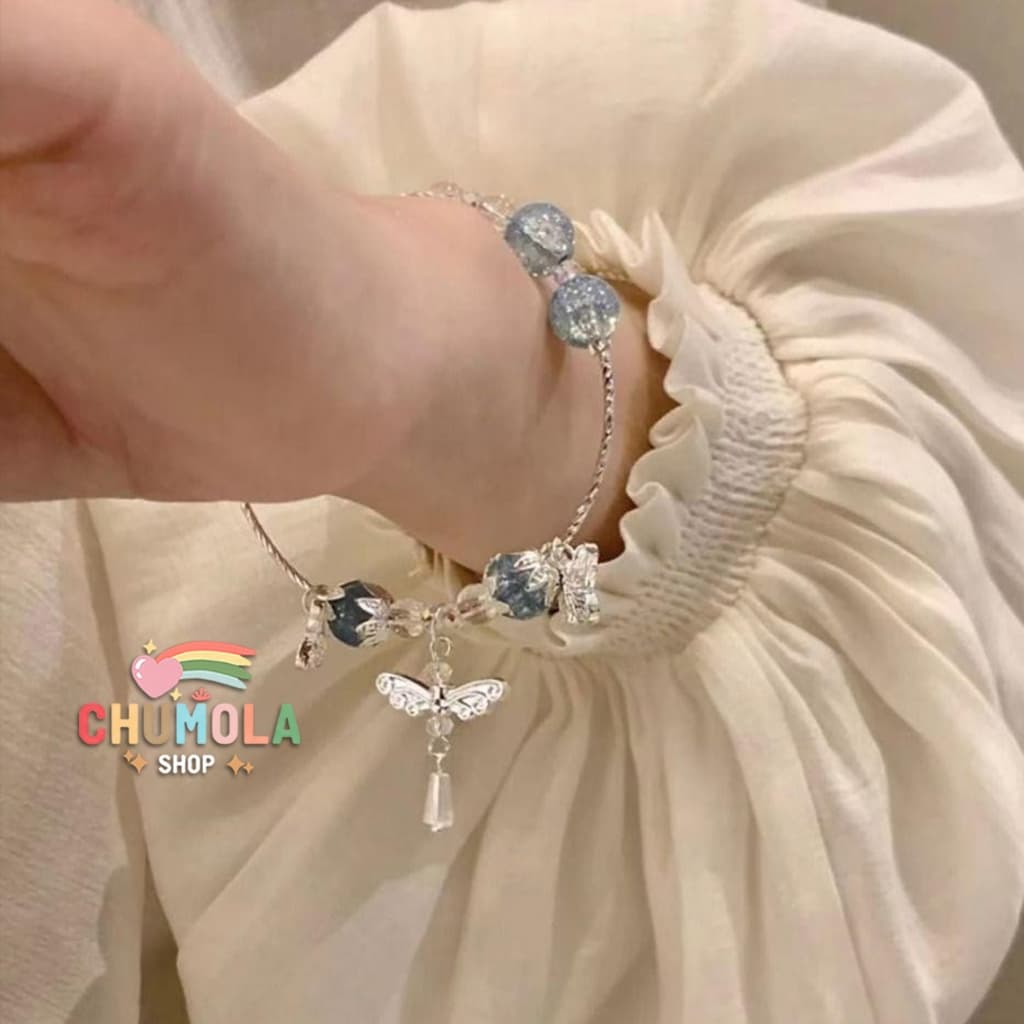 Vòng Tay Điệp Xanh Lam Phong Cách Trung Quốc - Đính Hạt, Tua Rua Hình Bướm, Phụ Kiện Cổ Trang Tiểu Thư Xinh Xắn