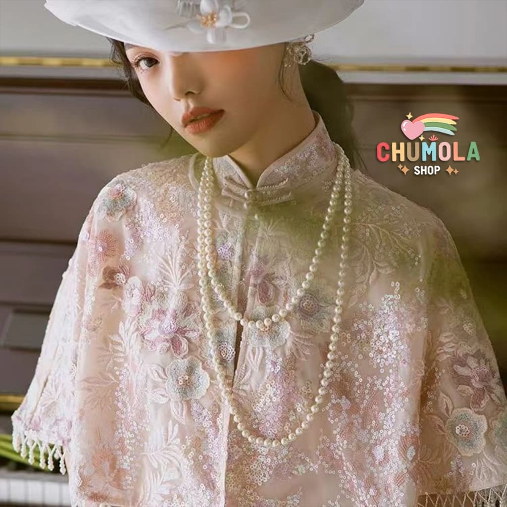 Vòng cổ ngọc trai nhân tạo 150cm phụ kiện chụp ảnh mặc áo dài sang trọng