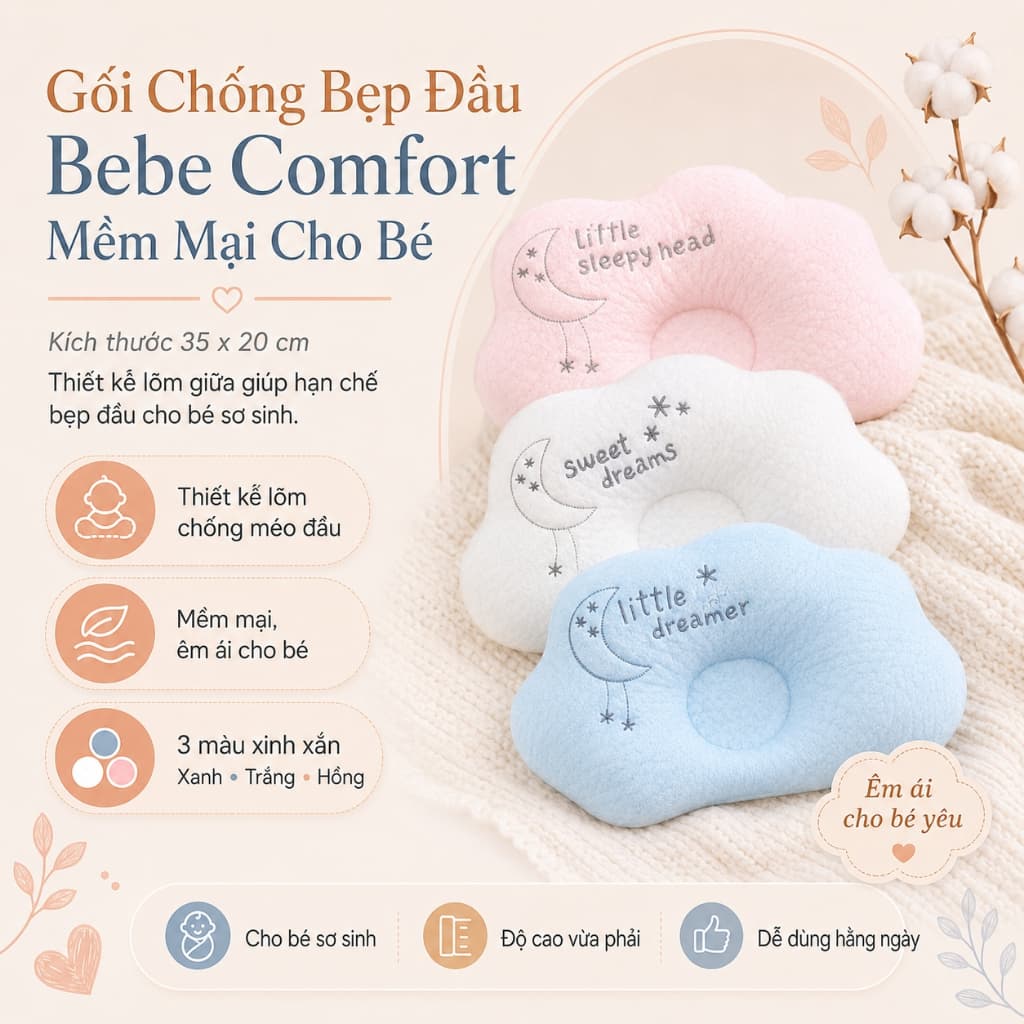 Gối Lõm Cotton Chống Méo Sơ Sinh HUDSON Cao Cấp, Êm Ái Cho Bé