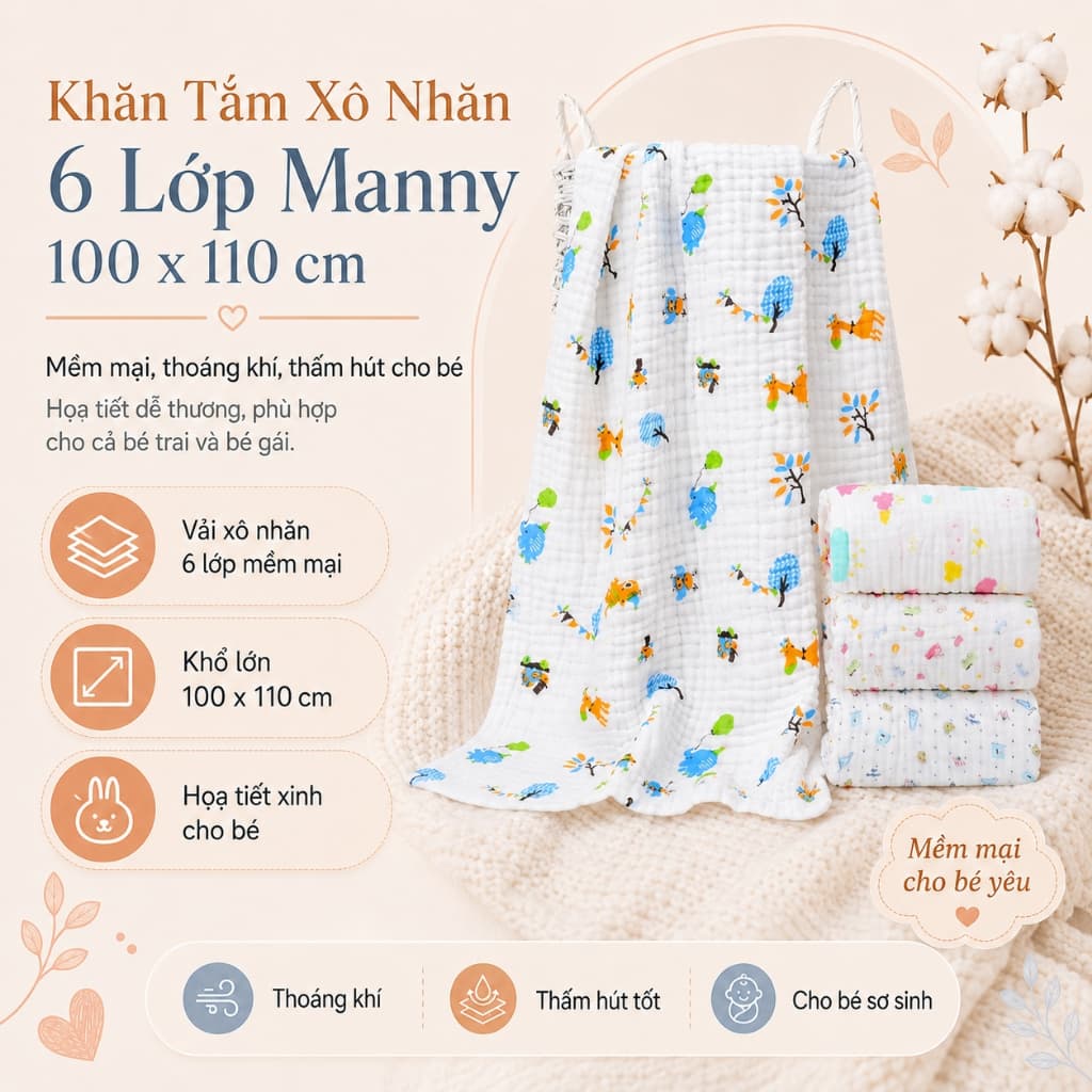 Khăn Tắm Xô Nhăn 6 Lớp Manny Cho Bé Sơ Sinh Vải Xô Mềm Mịn An Toàn Cho Bé Kích Thước 1mx1m1