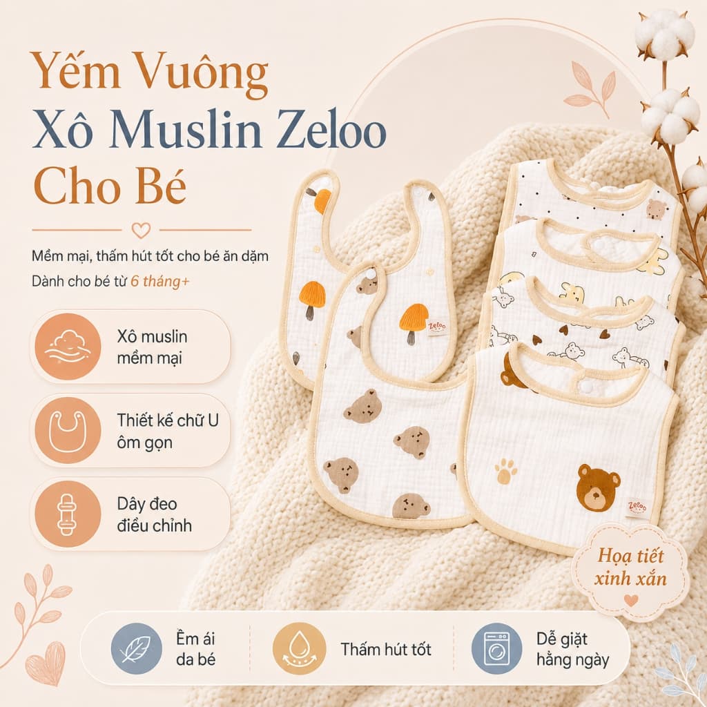 Set 3 Yếm Chữ Nhật Muslin Organic Zeloo 6 Lớp Cao Cấp Cho Bé - Yếm Ăn Dặm Siêu Thấm Hút
