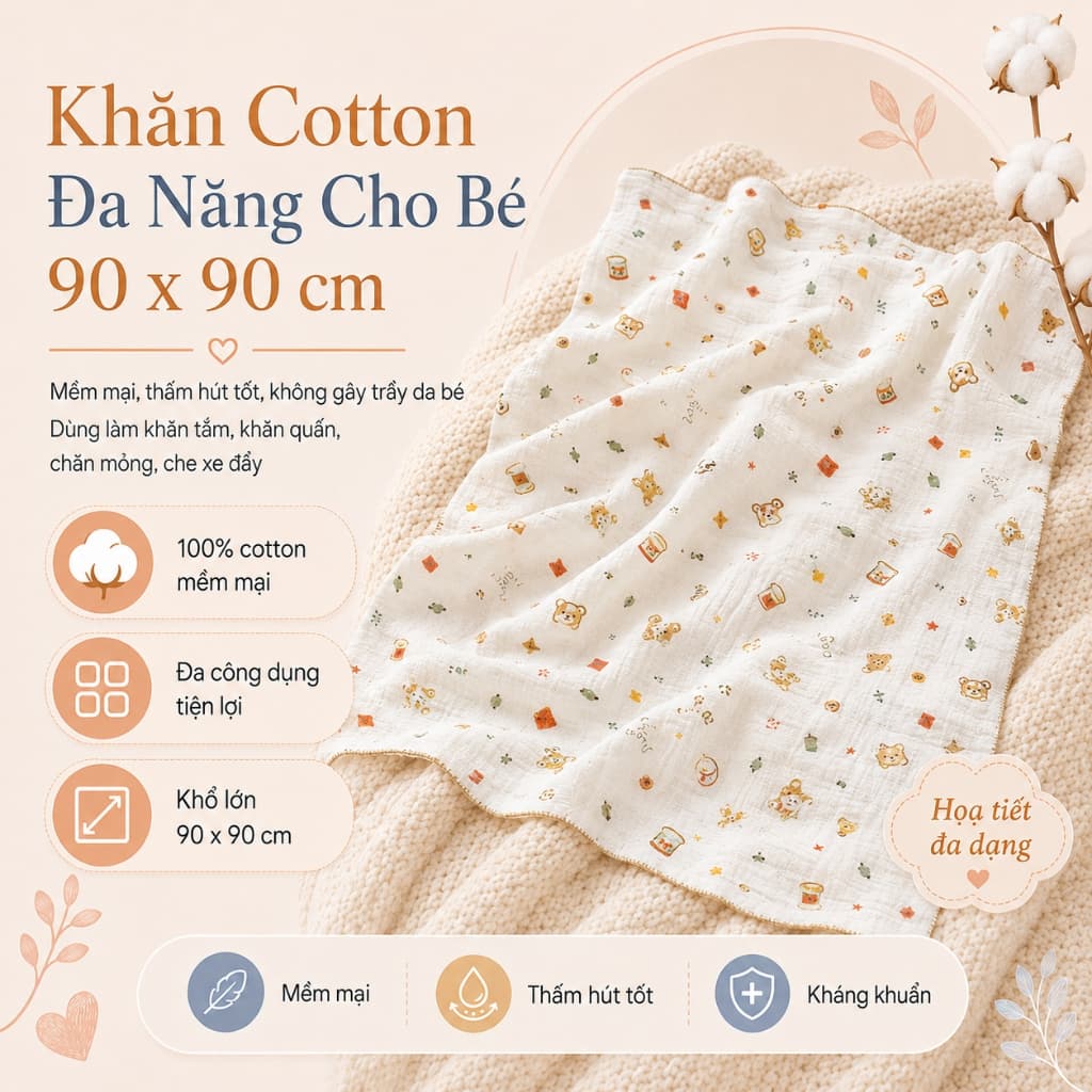Khăn Tắm Muslin Organic Zeloo Cao Cấp 90x90cm - Khăn Xô Đa Năng Siêu Mềm Mịn Thấm Hút Cho Bé