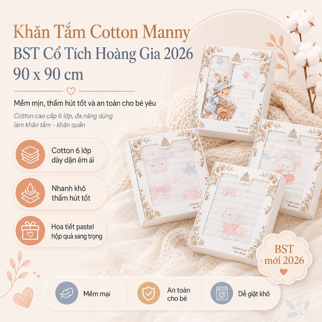 Khăn Tắm Cotton 6 Lớp Cao Cấp Manny - An Toàn Mềm Mại Cho Da Bé