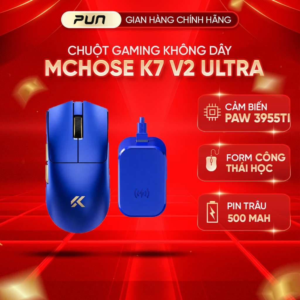 Chuột Gaming MCHOSE K7 V2 Ultra+ Chính Hãng Full VAT, PAW3955 TI 50K DPI, Dual 8K, Dock Sạc RGB