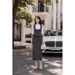 [260507] Set Bộ Công Sở Nữ Cao Cấp Áo Gile Phối Cổ Tay Sơ Mi Chân Váy Dài Suông Màu Chì 8